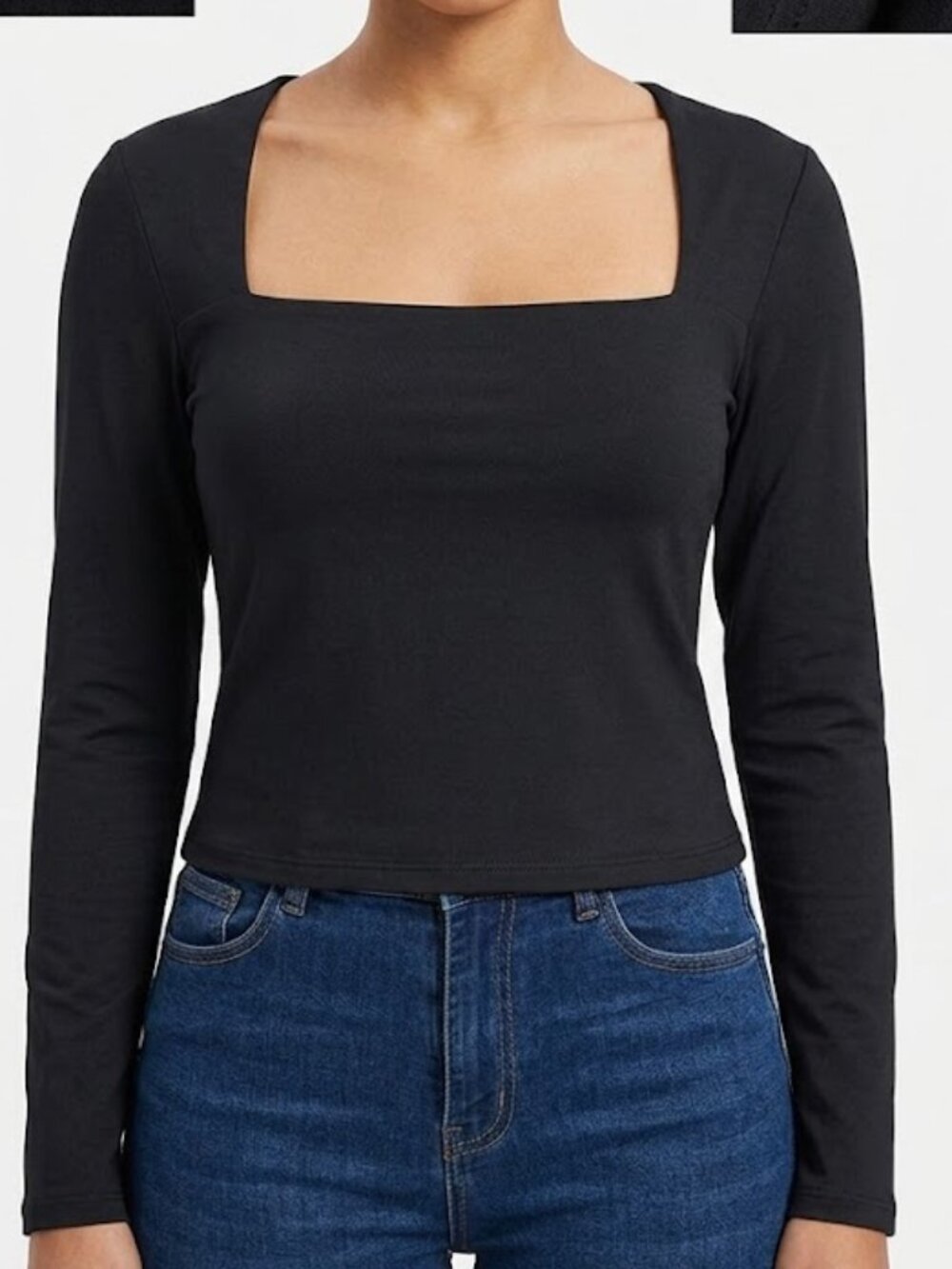 NWT REORIA Women's Square Neck Long Sleeve Top - Black - Size XL